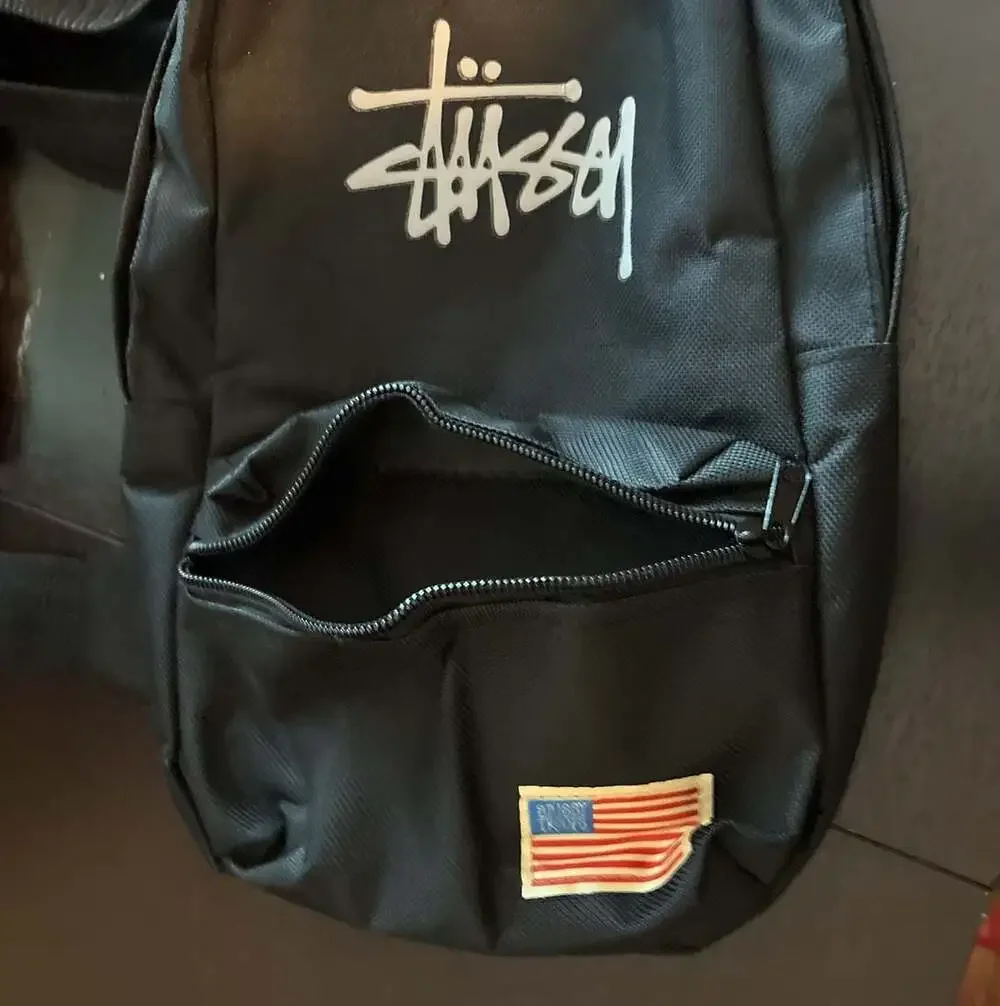Stussy Troops Black Sling Bag Crossbody Backpack with American Flag Patch
